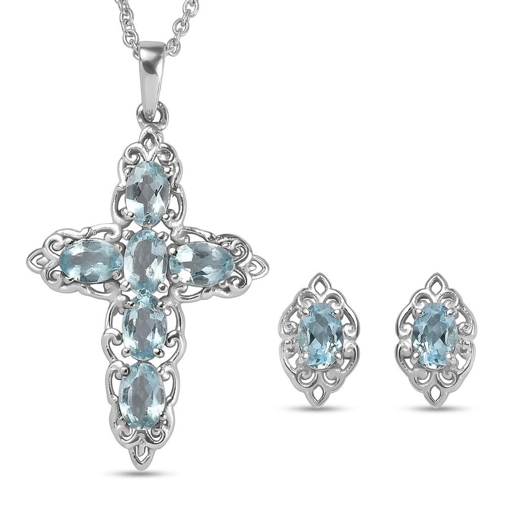 Sky Blue Topaz 4.70 ctw Earrings & Cross Pendant Necklace 20" in Stainless Steel
